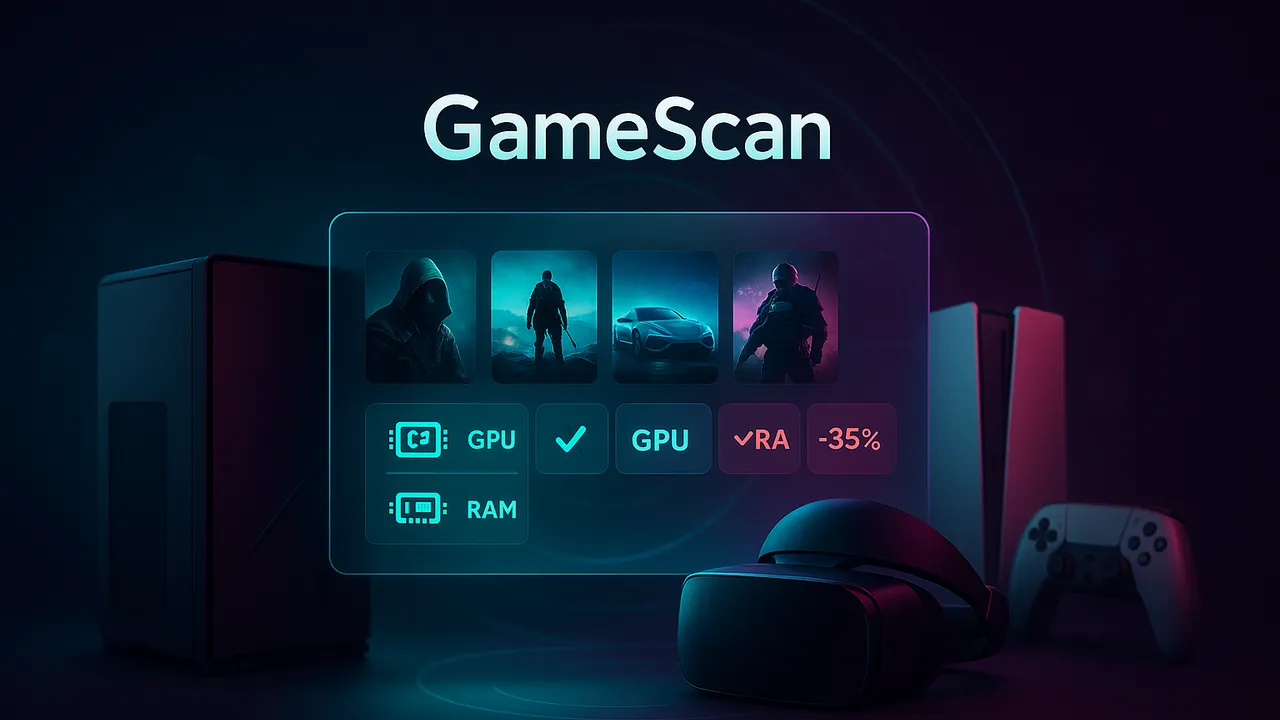 GameScan official concept cover with a game comparison interface and gaming devices
