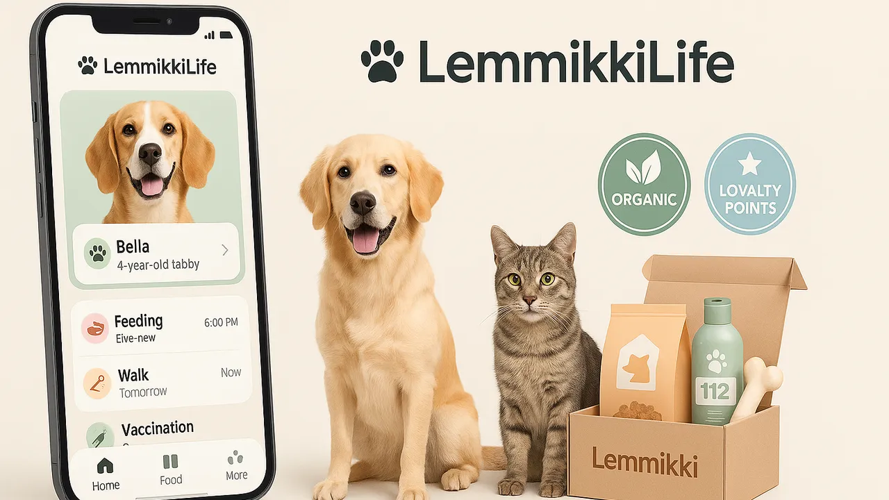 LemmikkiLife official concept cover with a pet-care mobile interface, a dog, a cat, and a subscription box